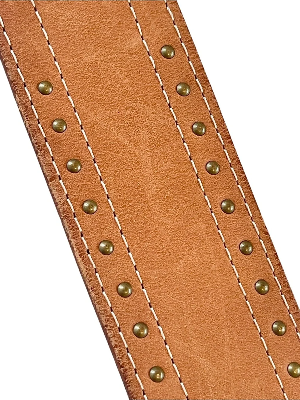 Wide Brown Leather Belt with Square Brass Buckle 90s Size S/M